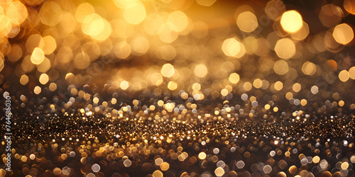 gold disco lights on background Christmas Abstract background with bokeh defocused lights and stars. Festive Golden and Black Glitter Celebration background.