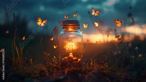 A captivating scene featuring a light bulb within a jar, surrounded by glowing butterflies at sunset in a field.