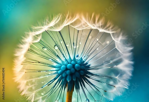 Beautiful water drop on a dandelion flower seed macro in nature. Beautiful deep saturated blue and turquoise background  free space for text. Bright colorful expressive artistic image form.