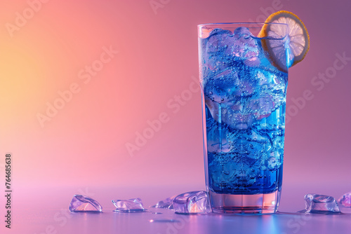 fresh cold blue drink in glass with ice cubes, citrus slice on pink background, blue Hawaii coctail