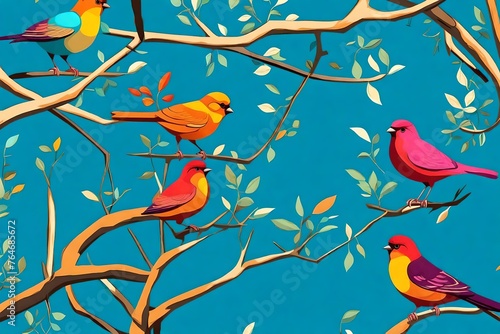 colorful birds sit on a branch on blue background