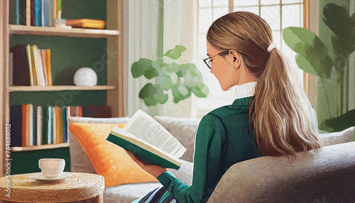Digital painting of blonde, long haired girl reading a book on the sofa. Graphic design art of young booklover female holding a book. photo