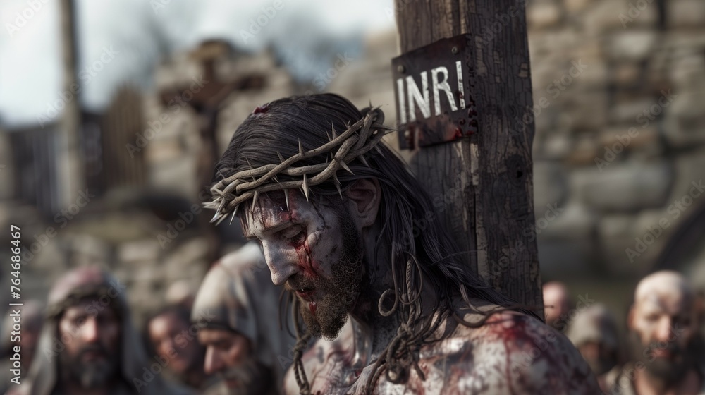 Documentary image style of the crucifixion scene on Calvary. Capture Jesus Christ on the cross.