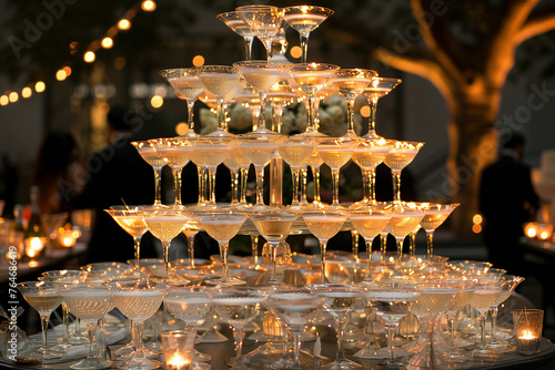 Champagne glasses stacked in a piramid tower