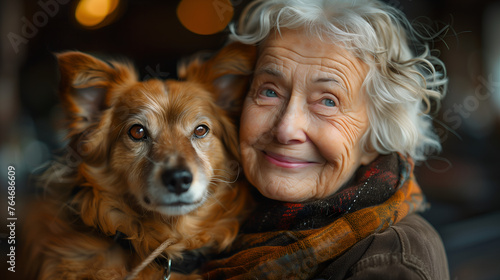 Lovely old woman with her best friend: an adorable doggy 