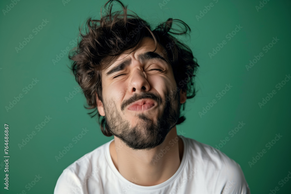 A man makes funny, sad, horrible grimaces, makes a face on a coloured background A man makes funny, sad, horrible grimaces, makes a face on a coloured background