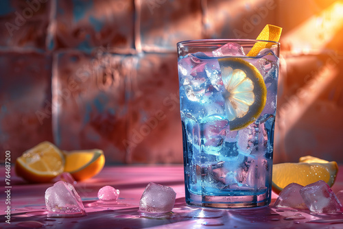 Bllue cocktail with ice and lemon on a pink background photo