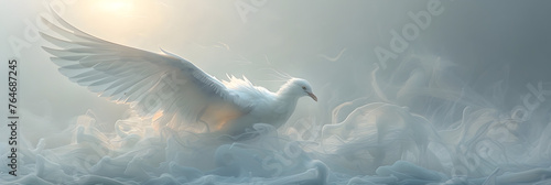 Feathers in the Mist Capturing the Essence of Serenity,
Dove of peace flying with spread wings above sea
