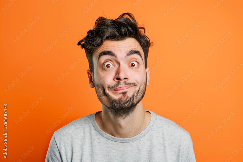 A man makes funny, sad, horrible grimaces, makes a face on a coloured background A man makes funny, sad, horrible grimaces, makes a face on a coloured background