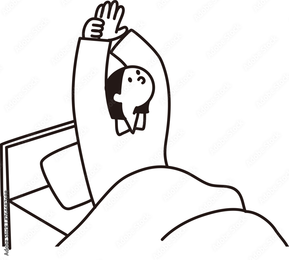 ベッドで伸びをする女性の線画ベクター ベッドで伸びをする女性の線画ベクター