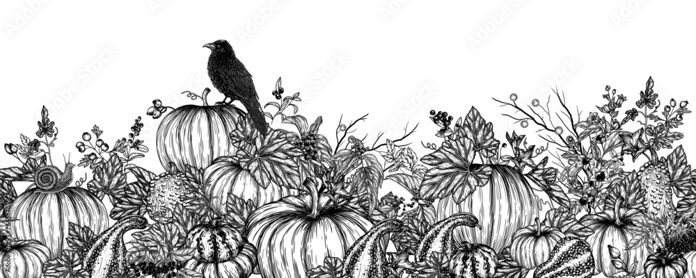 Seamless horizontal pattern of pumpkin, berries, crow, snail engraving style