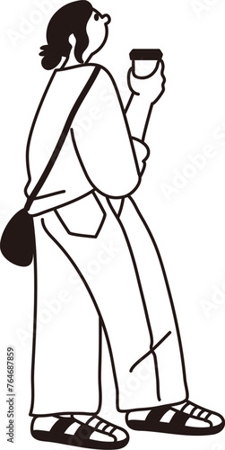 珈琲を持って上を見る女性の線画ベクター