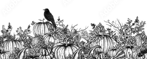 Seamless horizontal pattern of pumpkin, berries, crow, snail engraving style