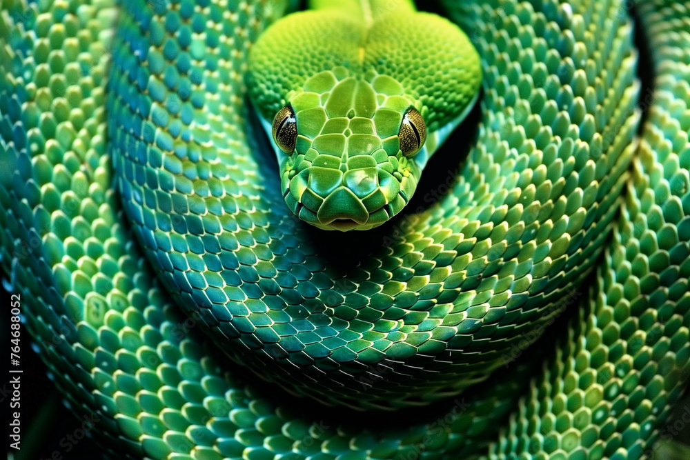 Fototapeta premium green snake curled on a wooden branch of a tree