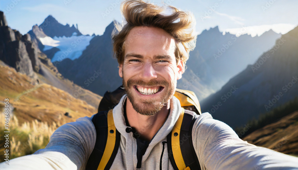 Smiling boy wearing a backpack taking a selfie on a hike with a beautiful nature mountain landscape background. Travel, road trip, backpacking theme concept. Ai generated. 