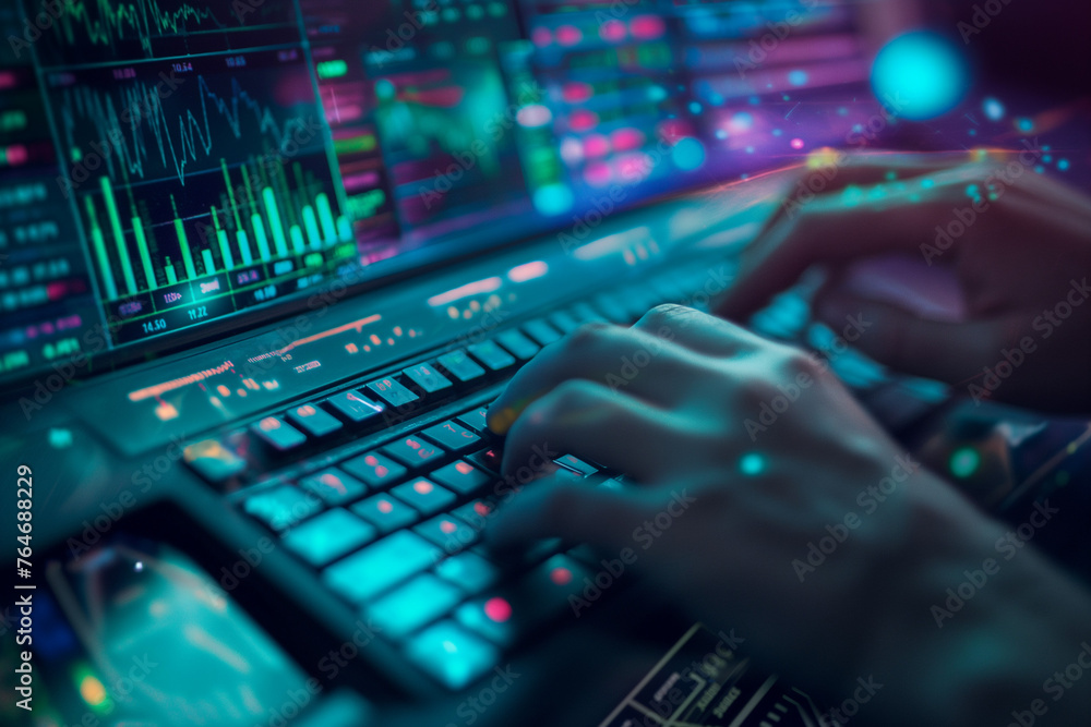 Trader's Hand on Illuminated Keyboard with Graphs Trader's Hand on Illuminated Keyboard with Graphs