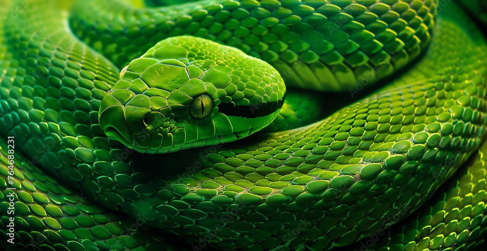 Obraz premium green snake curled on a wooden branch of a tree