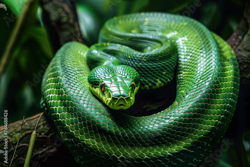 green snake curled on a wooden branch of a tree