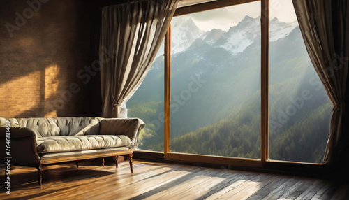 Horizontal photo of big wooden architecture windows with beautiful sunlight shining through, in boho aesthetic enchanted forest room. Cozy, product mockup background space. ai generated. 