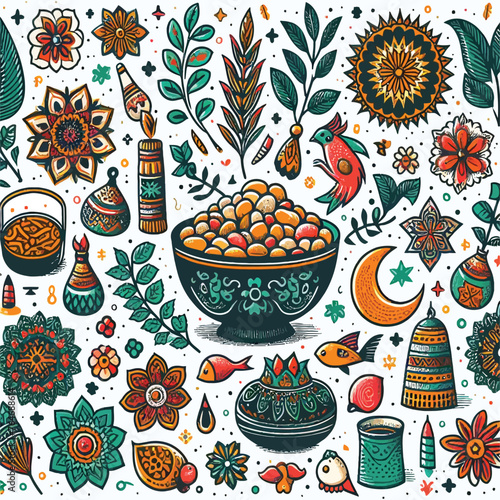 Happy Nowruz vector hand-drawn illustration with elements.