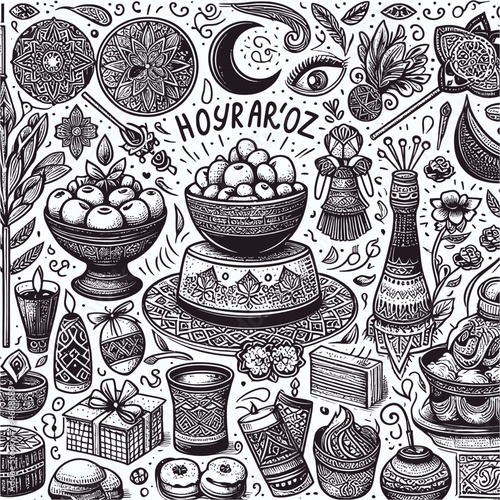  Happy Nowruz vector hand-drawn illustration with elements.