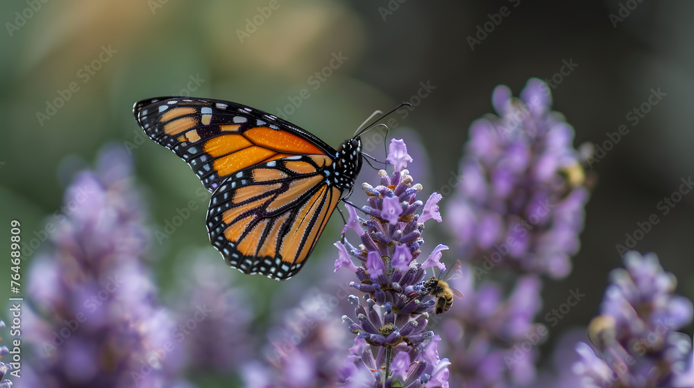 A colorful butterfly garden, with buzzing bees as the background, during a warm summer morning A colorful butterfly garden, with buzzing bees as the background, during a warm summer morning