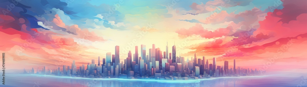 High-tech minimalist cityscape pastel sunset