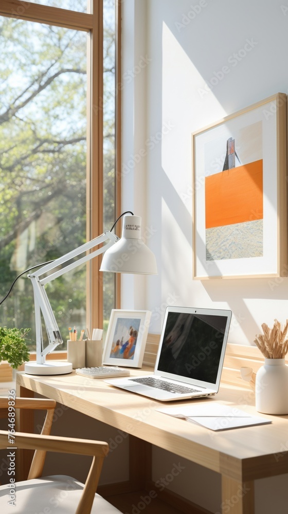 Fototapeta premium Sleek gadget in minimalist artists studio natural light