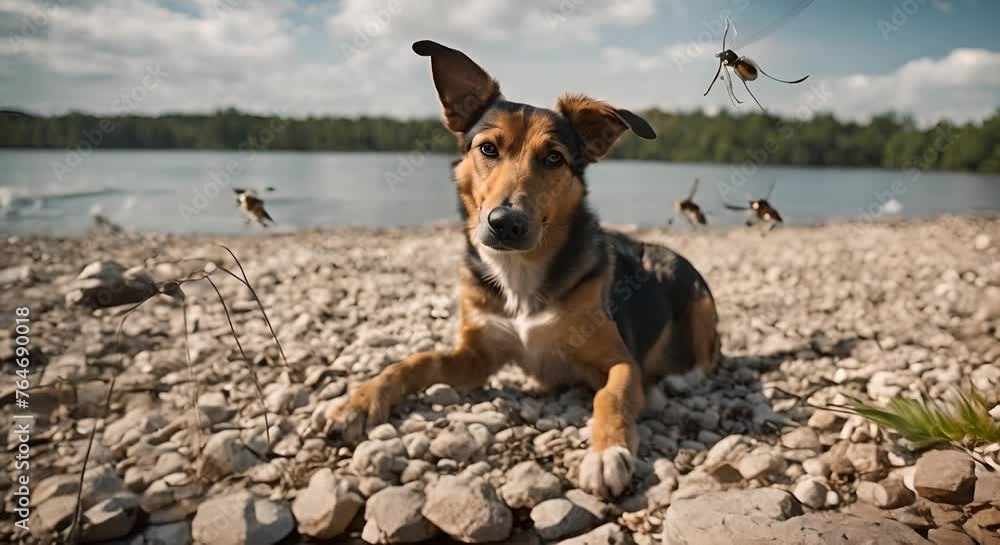 Mosquito next to the dog. Leishmaniasis concept.	
