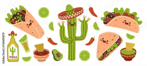 Mexican food funny characters set. Mexico cuisine cute happy face emoticons mascot collection. Smiling burrito, taco.