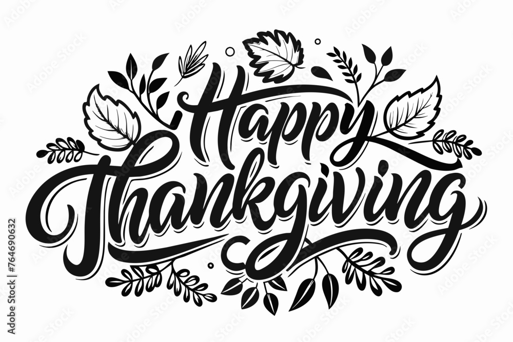 Happy Thanksgiving Black White Handwriting on White Background