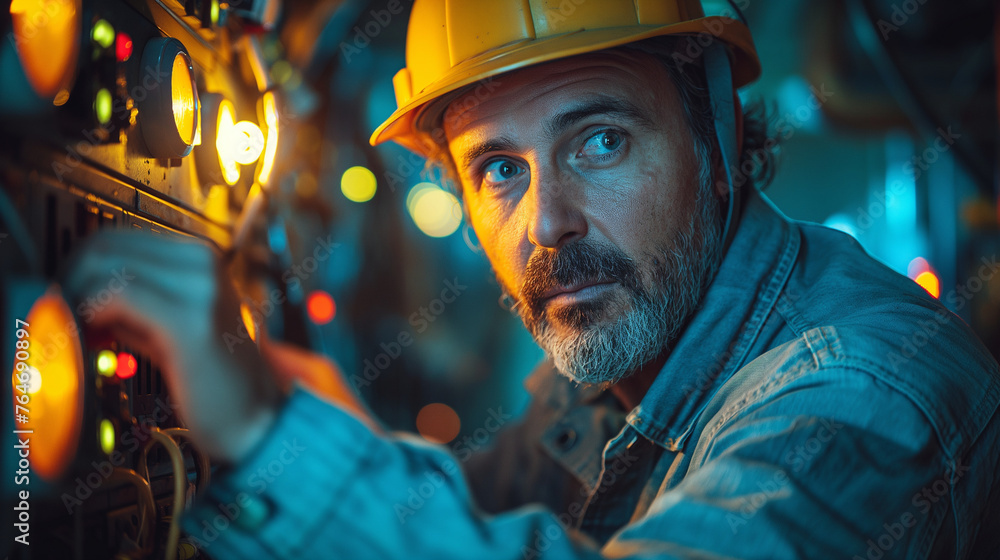 © Nataliya - A skilled electrician meticulously inspecting electrical wiring inside a circuit breaker panel, illuminated by the glow of his flashlight, ensuring safety and functionality in a di © Nataliya - A skilled electrician meticulously inspecting electrical wiring inside a circuit breaker panel, illuminated by the glow of his flashlight, ensuring safety and functionality in a di