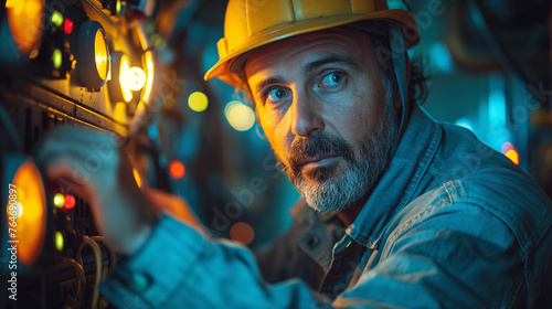 A skilled electrician meticulously inspecting electrical wiring inside a circuit breaker panel, illuminated by the glow of his flashlight, ensuring safety and functionality in a di photo