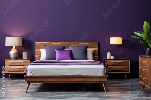 modern bedroom with a wood bed and purple walls  in the style of dark azure and beige
