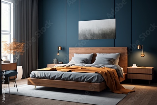 modern bedroom with a wood bed and rose walls, in the style of dark azure and beige, modern