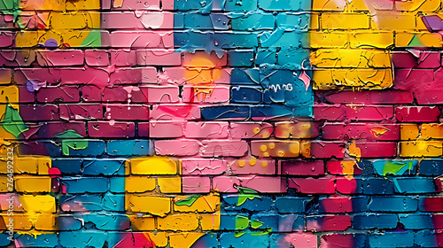 Urban brick wall covered with graffiti, showcasing vibrant street art and textures