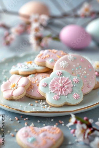 Easter cookies with delicate icing designs. Elegant Easter cookies delicately decorated with icing, set on a plate with spring blossoms in the background