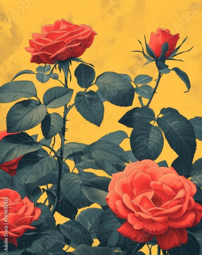Vibrant red roses on a sunny yellow background with lush green leaves  a beautiful floral painting full of warmth and color