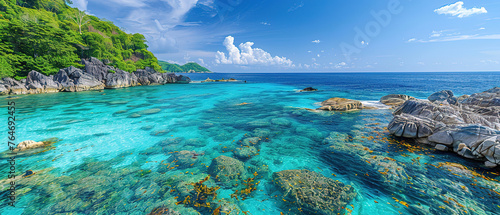 A photo of a Islands  with crystal clear water and vibrant coral reefs as the background  during a sunny day 