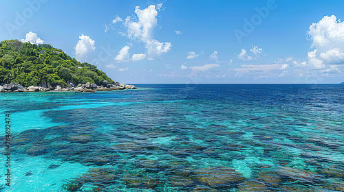 A photo of a Islands  with crystal clear water and vibrant coral reefs as the background  during a sunny day 