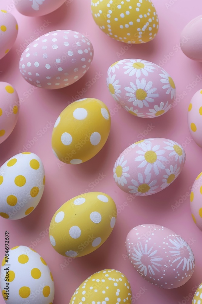 Pastel polka dots and floral Easter egg pattern. A collection of Easter eggs decorated with polka dots and flowers, showcasing soft pastel shades and simplicity in design Pastel polka dots and floral Easter egg pattern. A collection of Easter eggs decorated with polka dots and flowers, showcasing soft pastel shades and simplicity in design