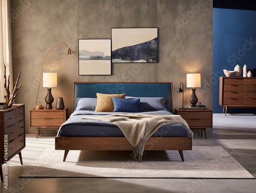modern bedroom with a wood bed and tan walls, in the style of dark azure and beige