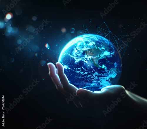 Human hand holding planet, diagram