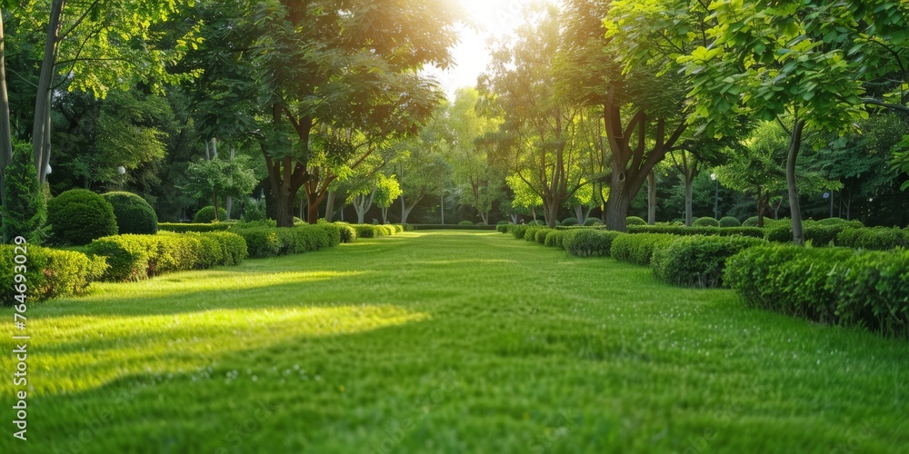 Beautiful public park with green grass field on morning light