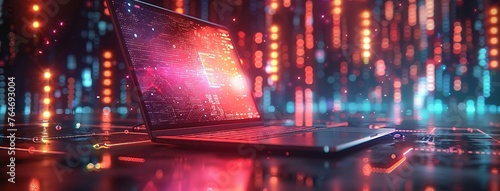 Futuristic illustration about computer technology with a laptop in neon colors