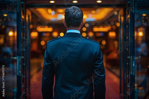 Back view of a man in a suit looking at the grand entrance of a luxurious theater setting