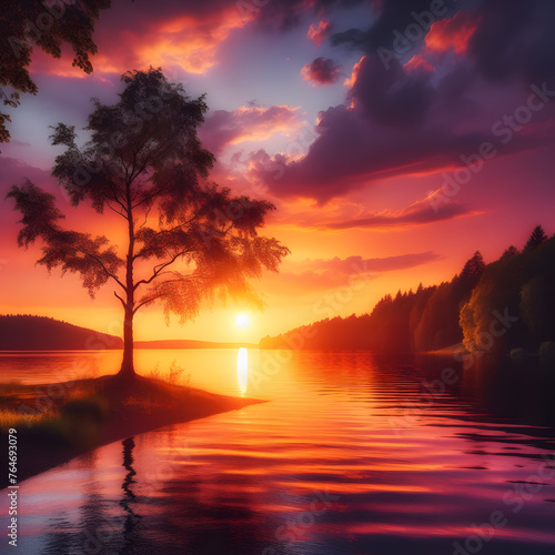 Generative AI  Midsummer solstice sunset lake landscape