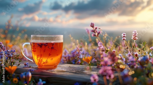 A glass cup of tea on the wooden brown table top with a background of a flower field nature landscape