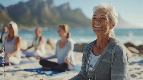 A group of active seniors laughing and enjoying a yoga class on a sunny beach