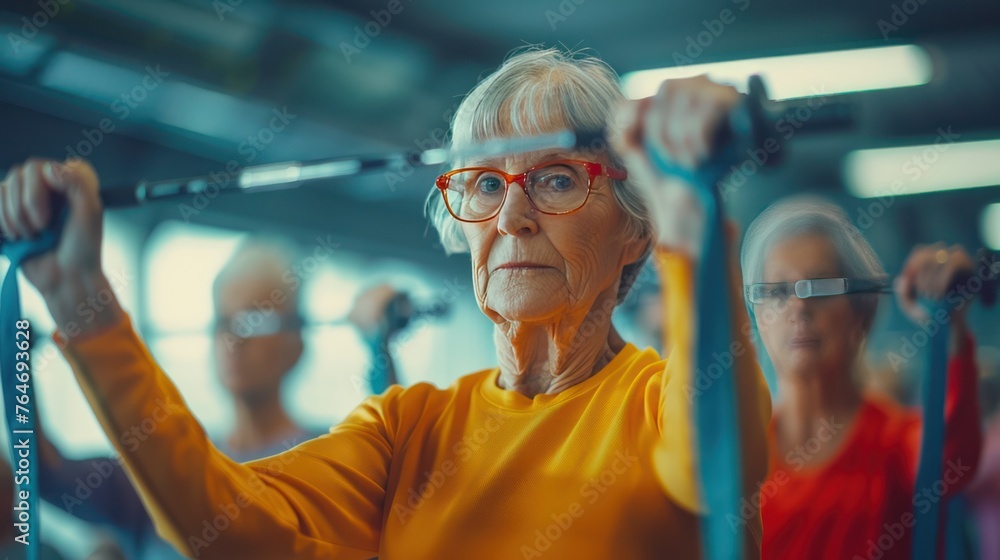 A group of diverse beautiful woman models using a resistance band and weight in a brightly lit fitness center A group of diverse beautiful woman models using a resistance band and weight in a brightly lit fitness center